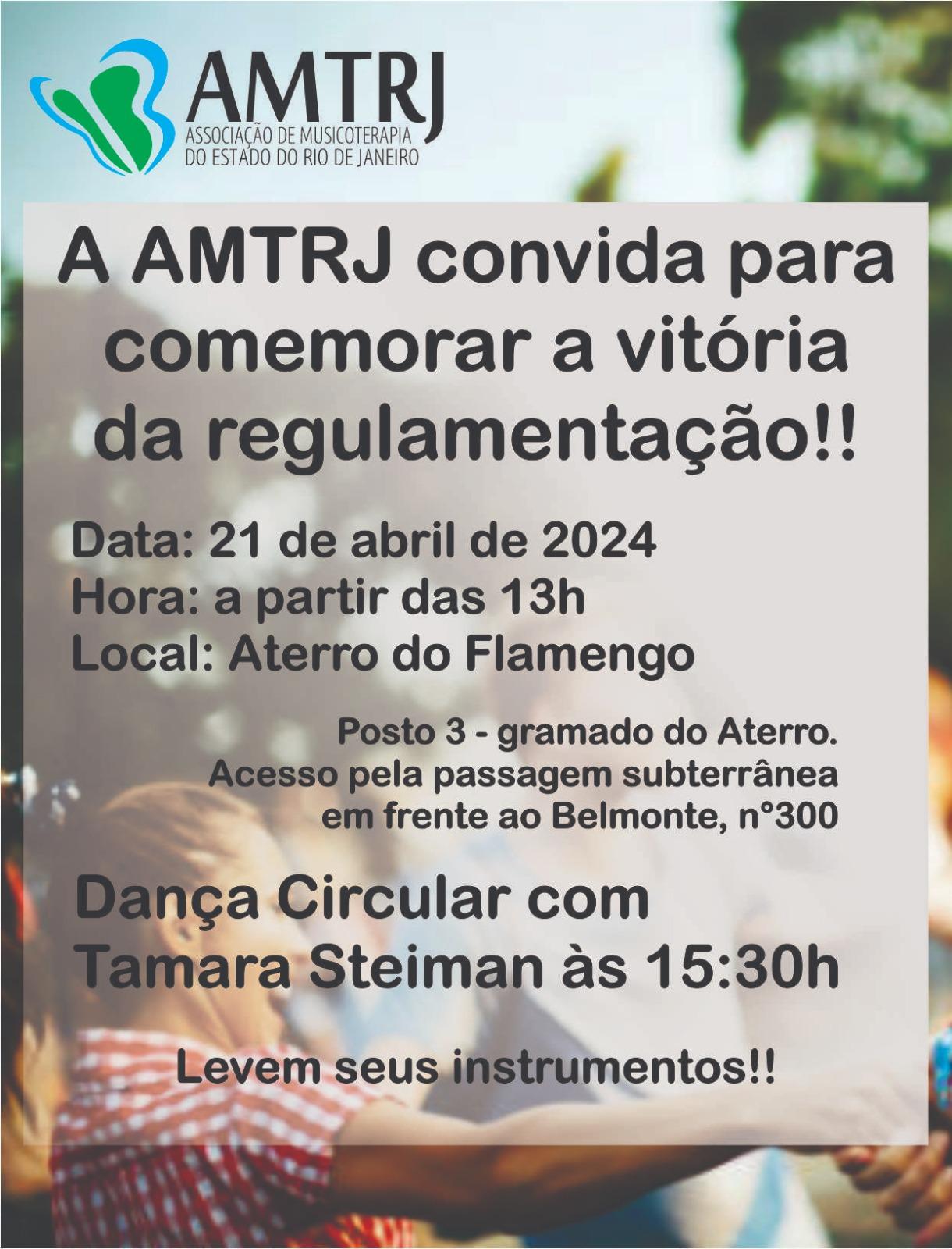 cartaz A AMTRJ convida para comemorar a vitória da regulamentação